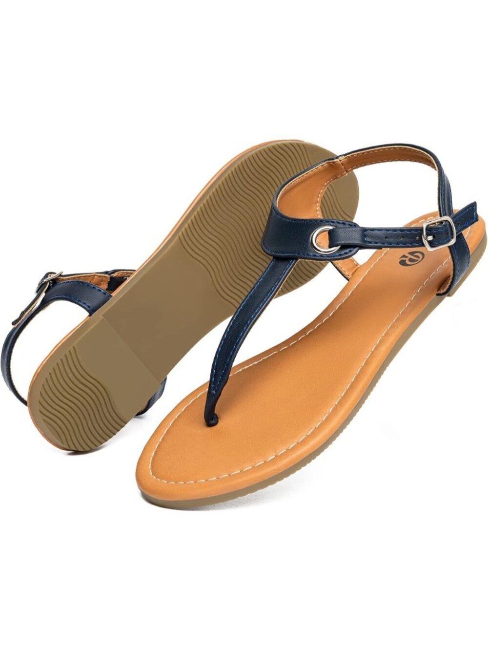Women's Navy Blue1 Adjustable Ankle Buckle with T-Strap Flats Thong Sandals - Picture 4 of 6